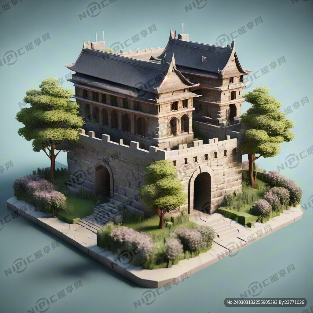 城楼 周围有草地 有树木