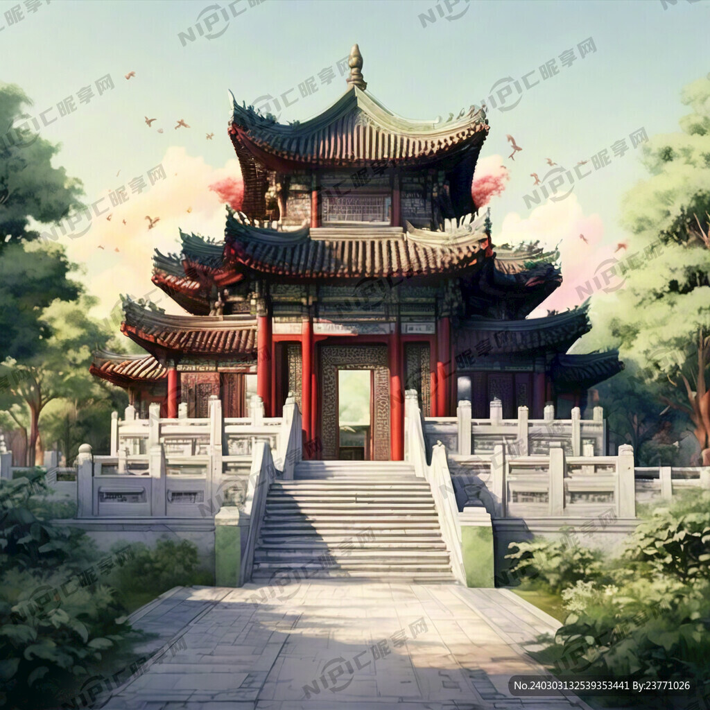 中国古代宫殿 周围有草地 绿植