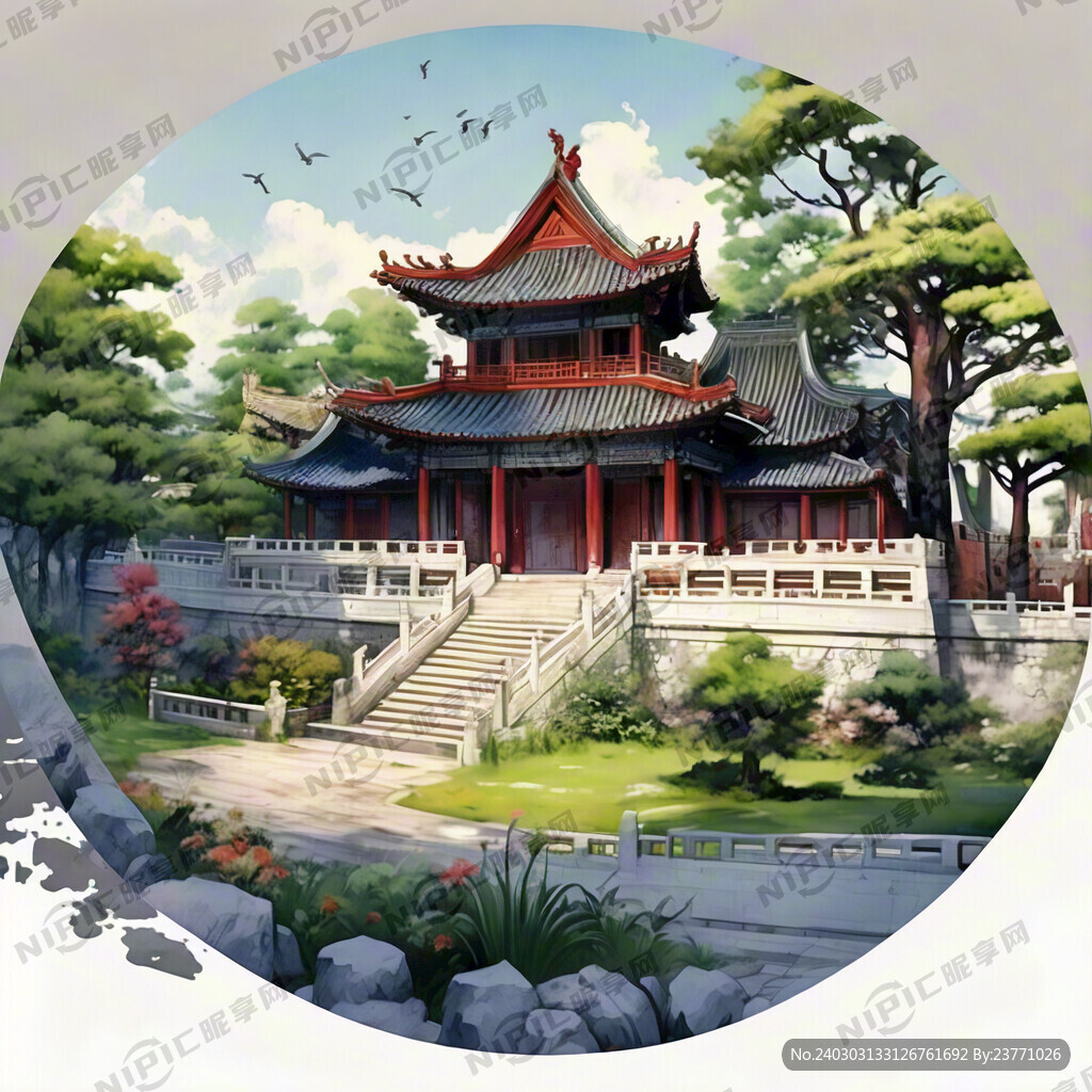 中国古代宫殿 周围有草地