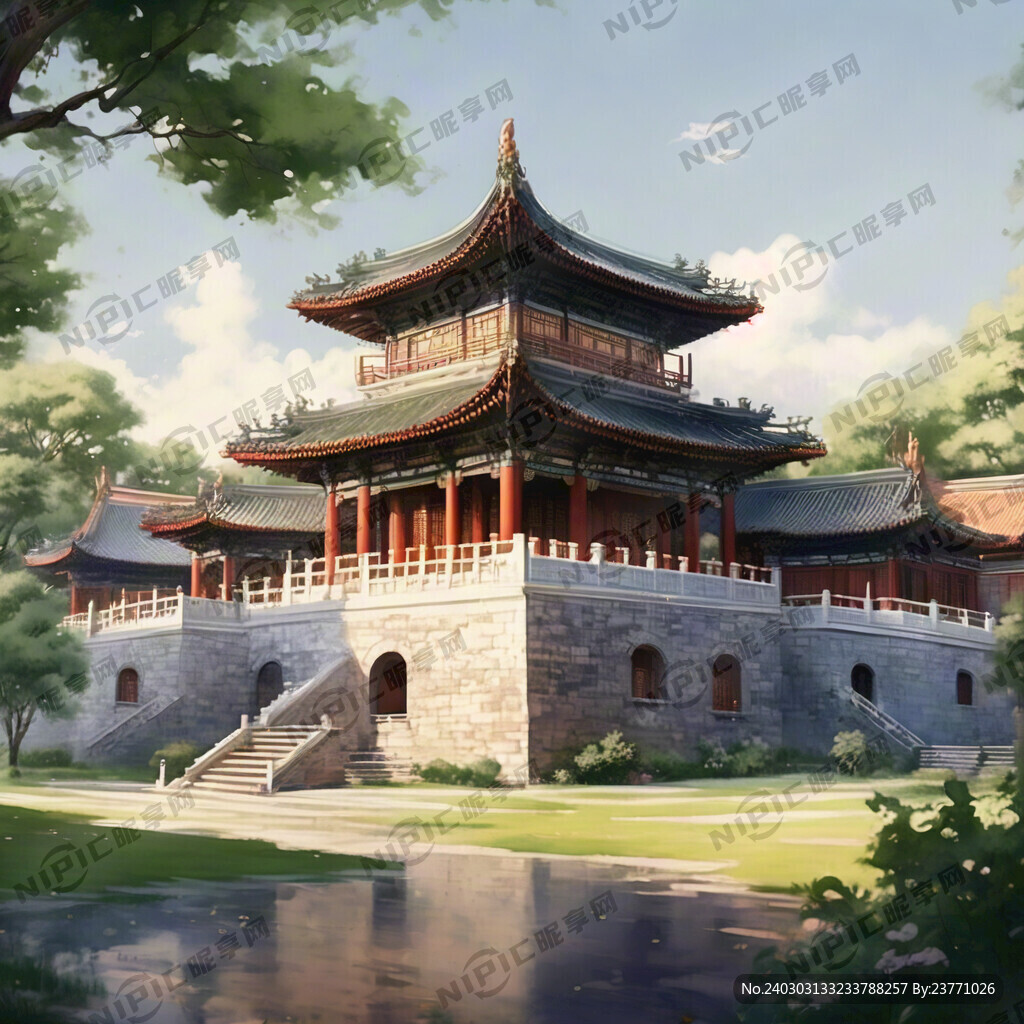 中国古代宫殿 周围有草地