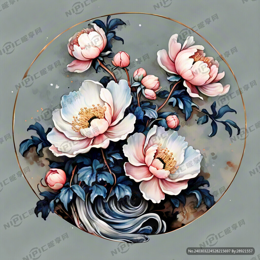 青花瓷牡丹花 浅色背景 水墨