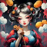 拿着葡萄干和坚果中国红衣飘飘卡通仙女