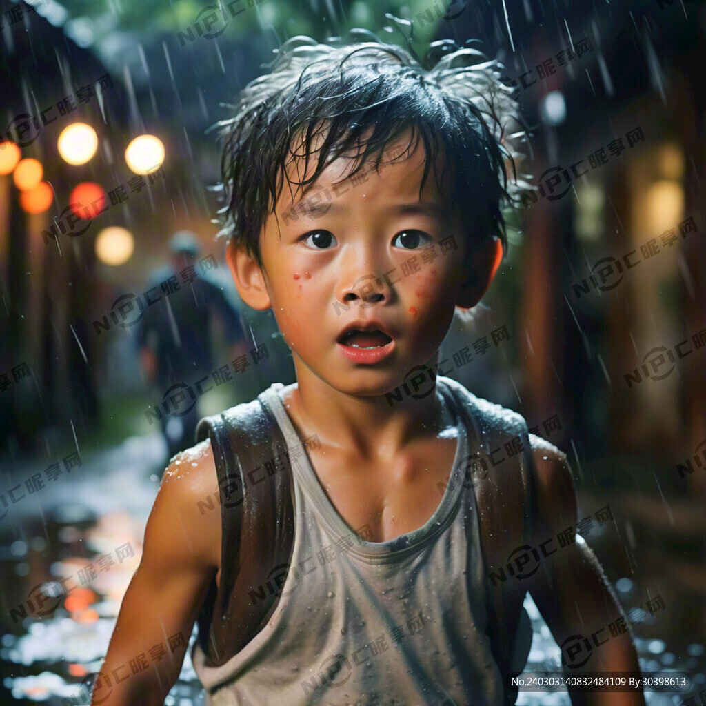 下着大雨的农村小路上一个身穿白