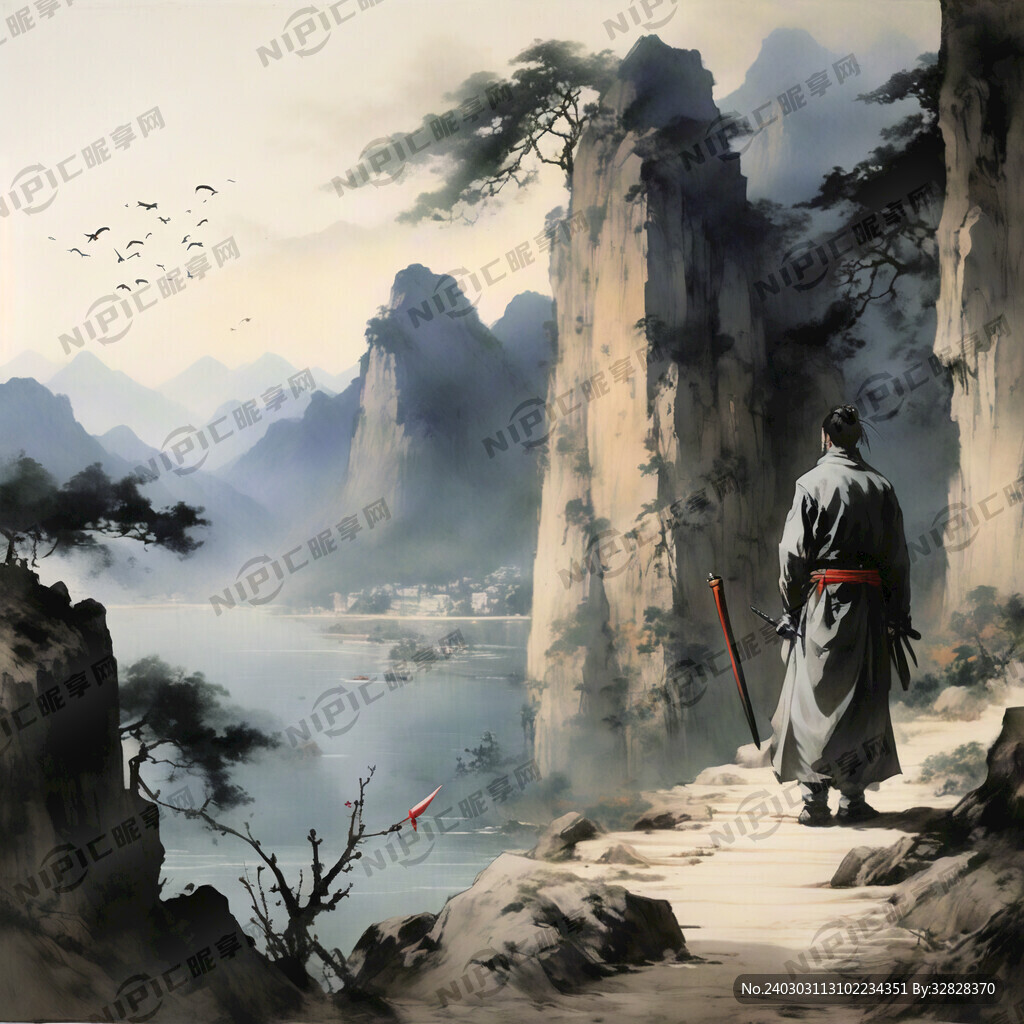 胖子侠客站立右下角江边远眺群山