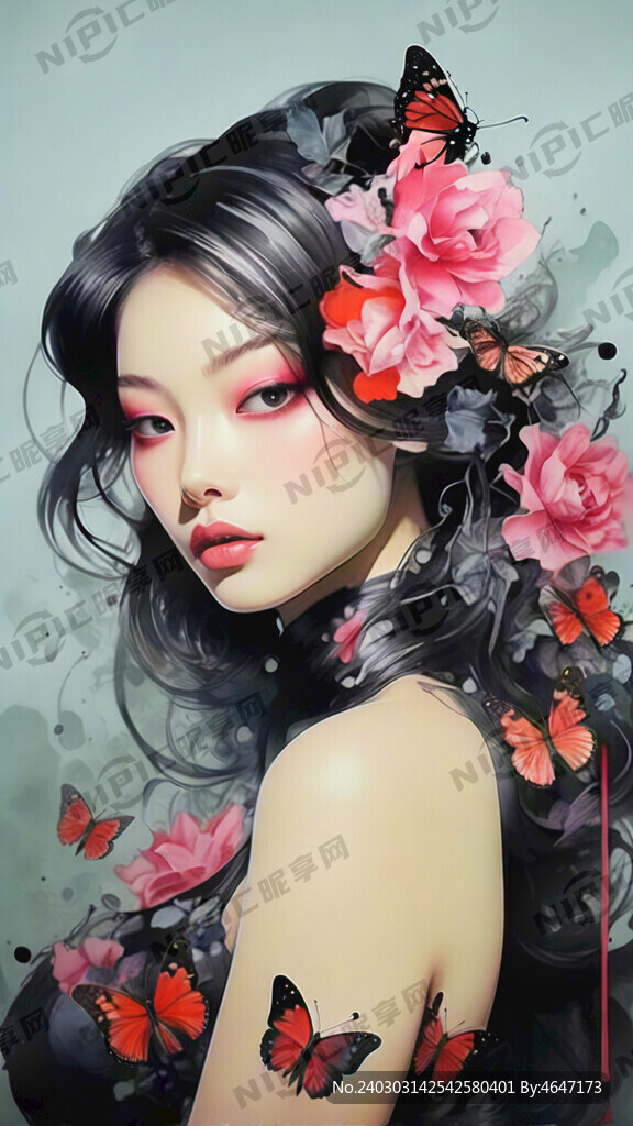法式长款美甲 蝴蝶 线条 古风