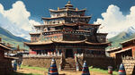 藏族风格，藏族风格建筑，大广角俯视角，远景，多种藏族元素