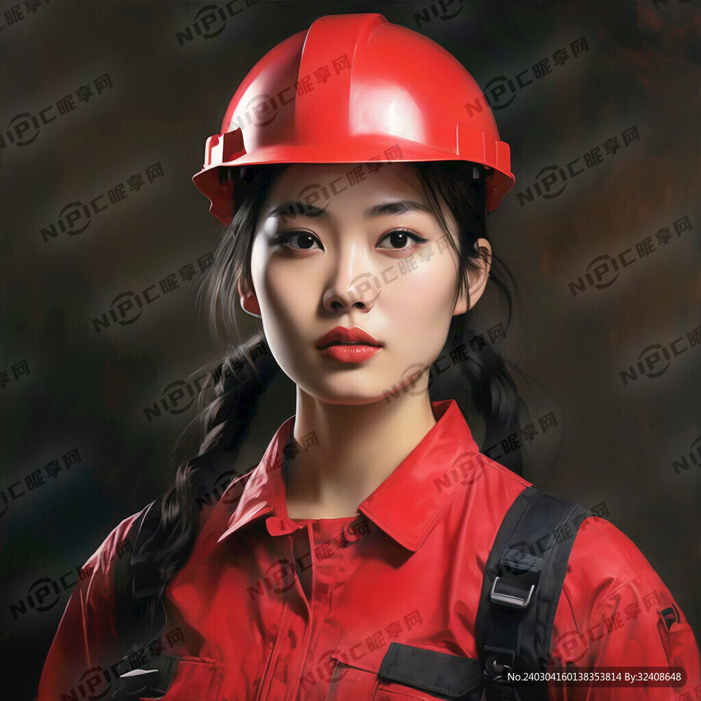 女性 头戴红色安全帽