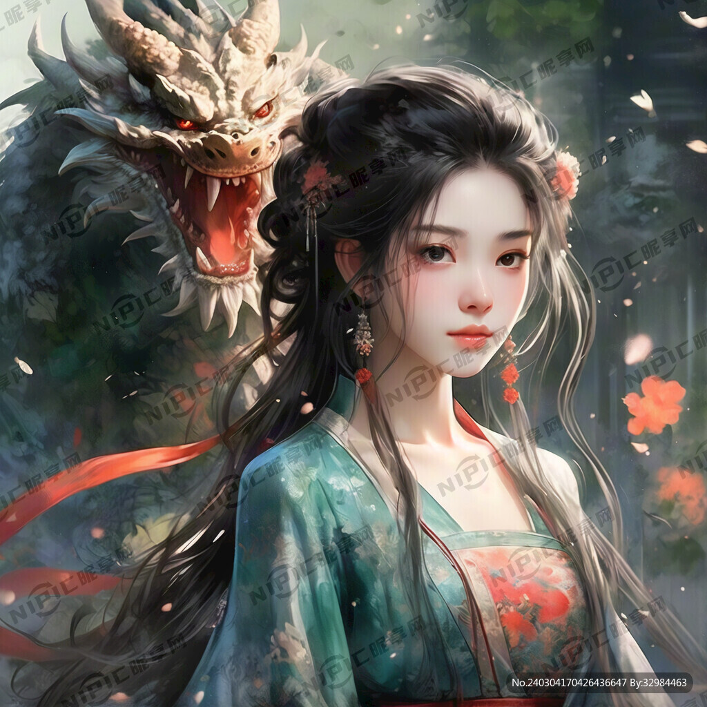 水墨画风 背景有龙 发丝飘扬