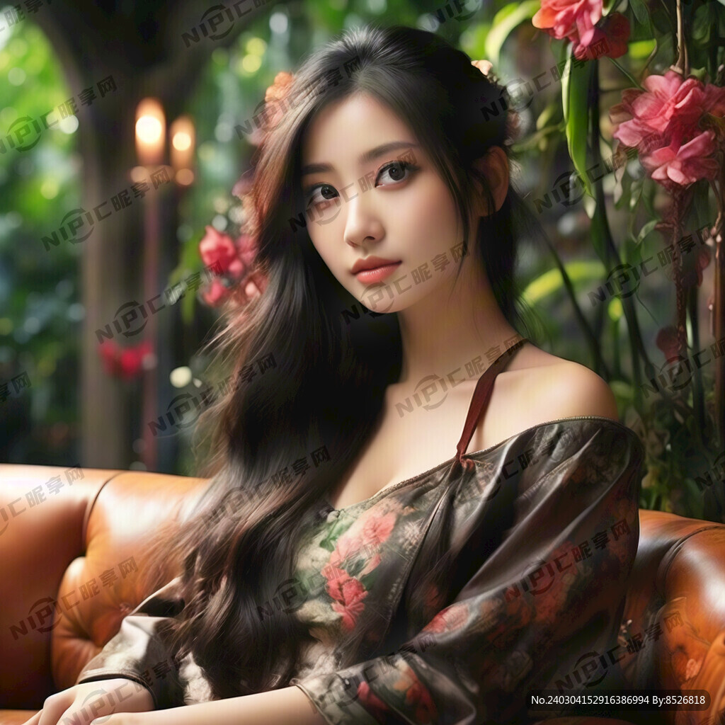 真皮沙发局部特写 长发美女