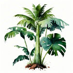 水彩效果的芭蕉树，大树叶是浅绿色的，有叶纹，一颗有10个芭蕉叶，4支大叶，6支小叶，叶子有浅兰浅绿相间