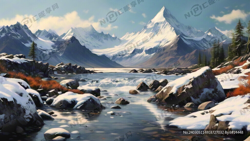 水 岩石 雪山 大画面