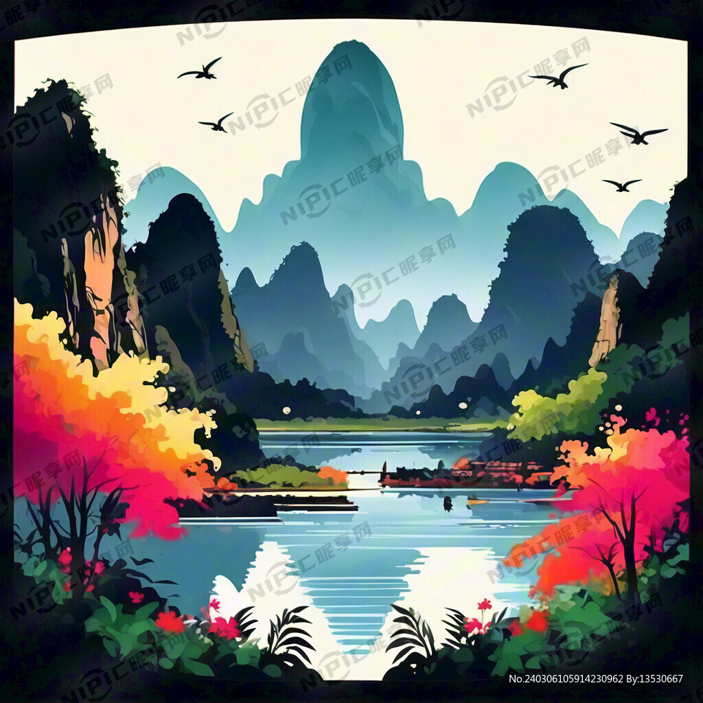美色的桂林山水风光矢量图