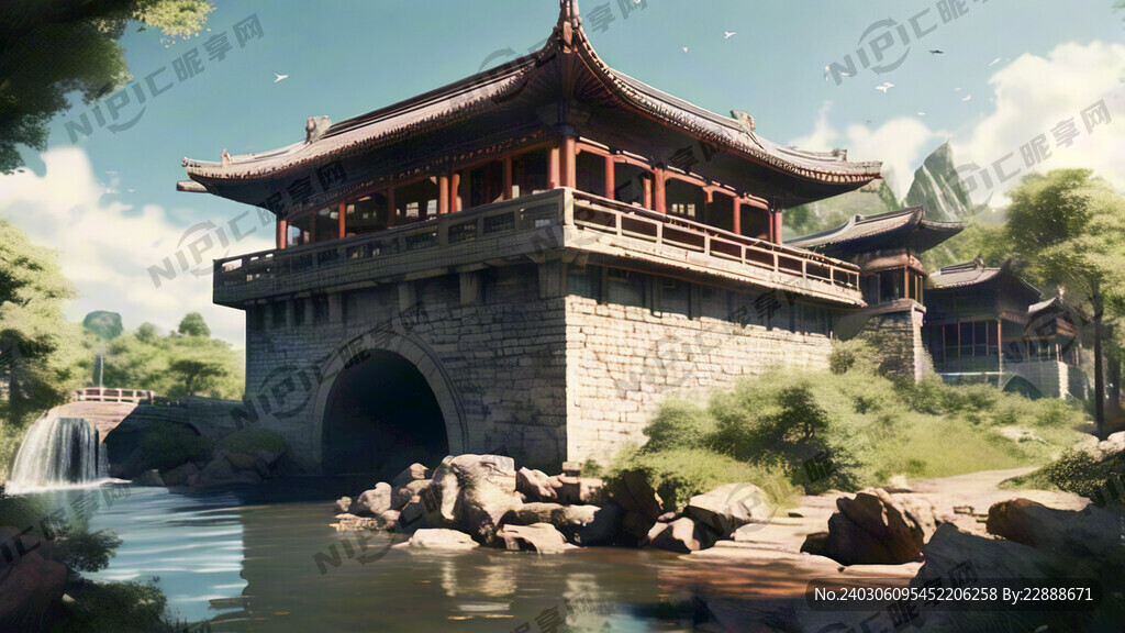 古建筑廊桥流水