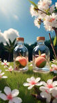微缩景观，两瓶椰子水错落的放在绿色草地上，瓶子旁边放着水蜜桃，蓝天白云，春意盎然的背景，桃花点缀，创意海报，自然风景，虚拟引擎，高清