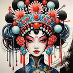 头饰夸张的京剧人物，手绘，国潮，中国风，女性