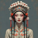 头饰夸张的京剧人物，手绘，国潮，中国风，女性，笑脸，侧面，显示整个头饰