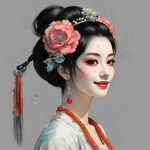 国潮京剧人物，手绘，国潮，中国风，女性，笑脸，侧面，显示整个头饰，色彩鲜艳，需要显示完整头饰