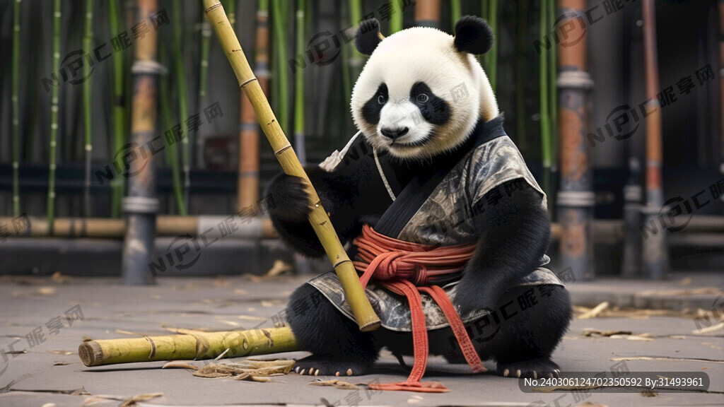 拿竹棍的武术熊猫