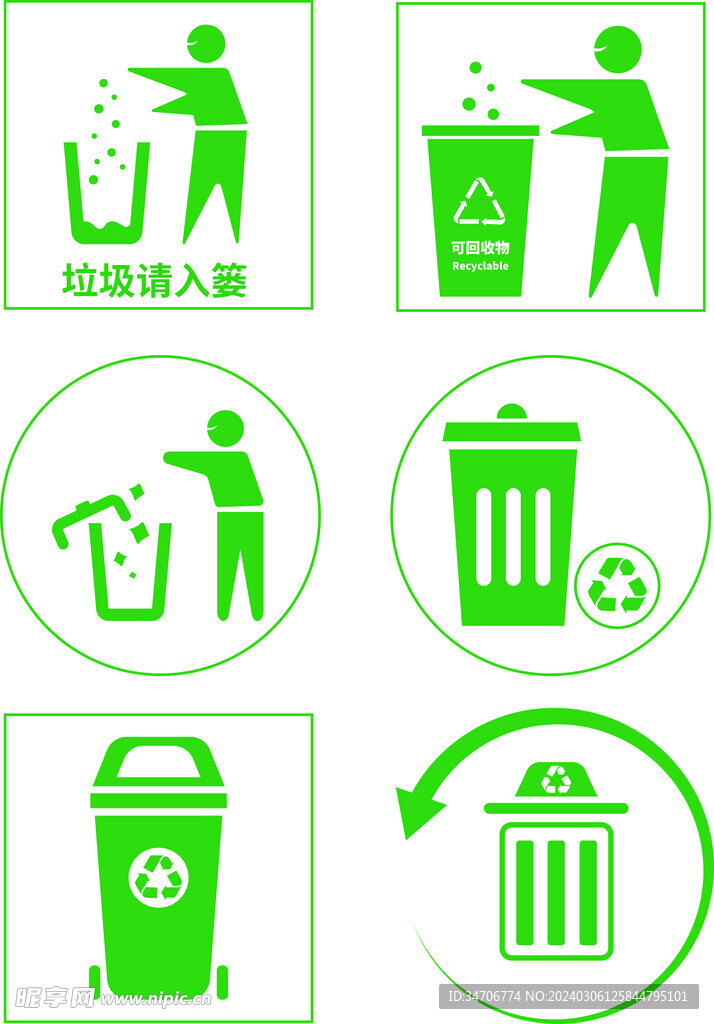 文明扔垃圾绿色环保图标四分类分