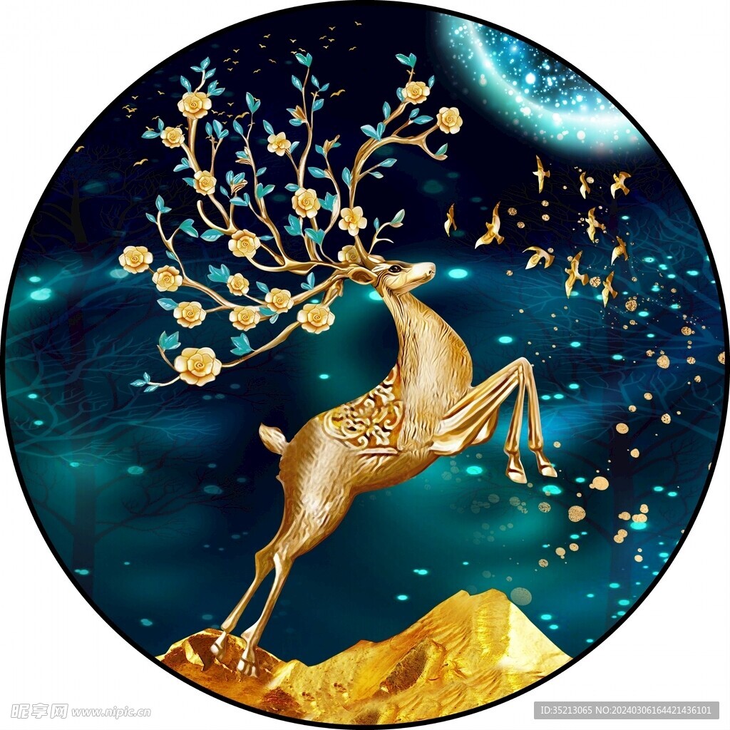 金色麋鹿发财鹿晶瓷画