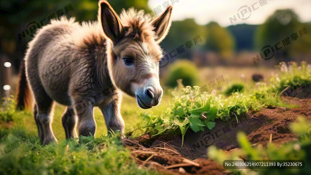 一只小毛驴在草地里吃草