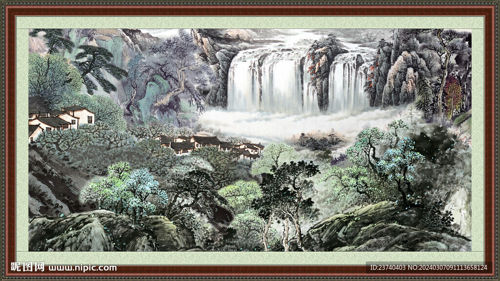 瀑布山水画 