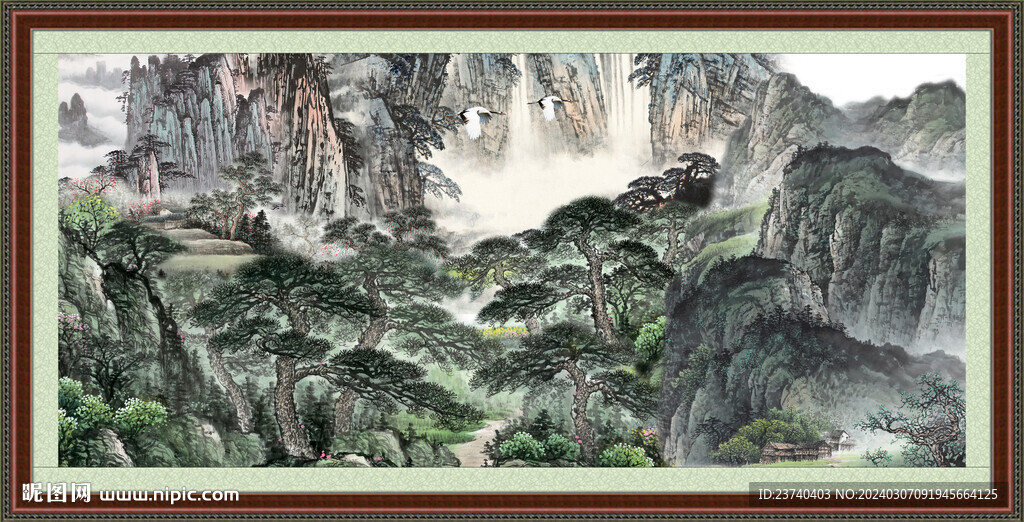 瀑布山水画 