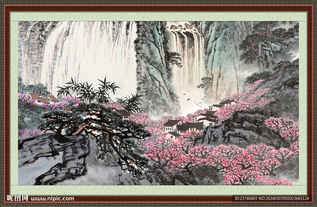 瀑布山水画 