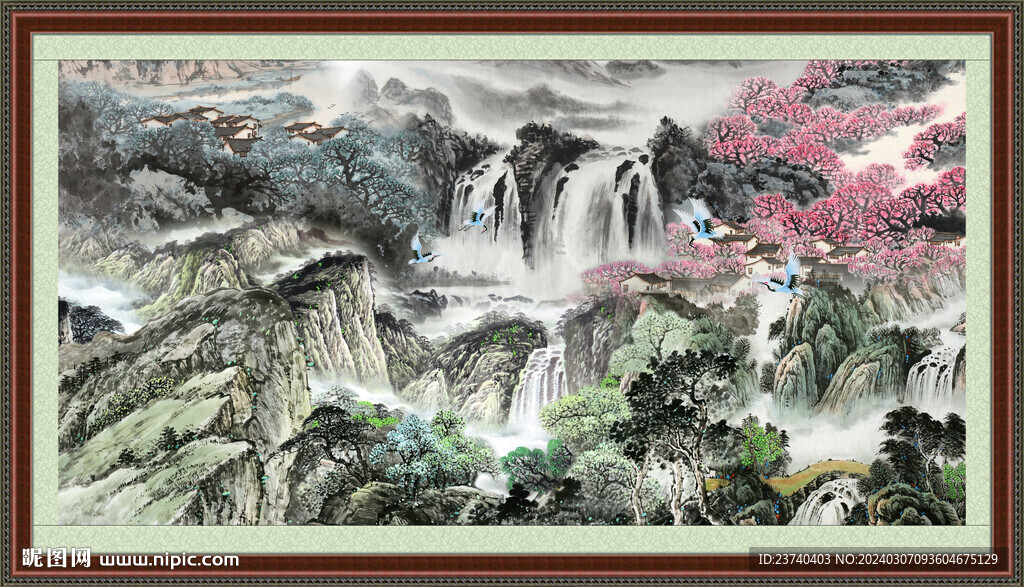 瀑布山水画 