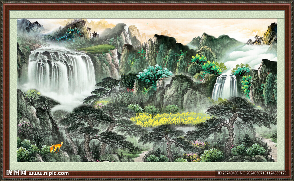 瀑布山水画 