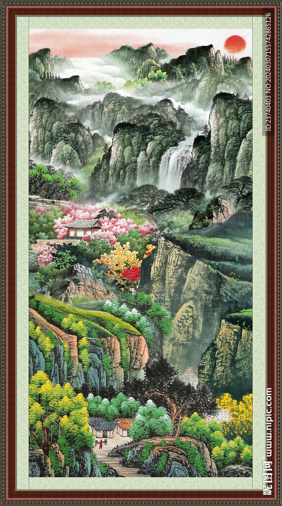 瀑布山水画 