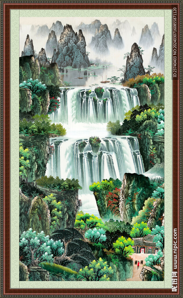 瀑布山水画 