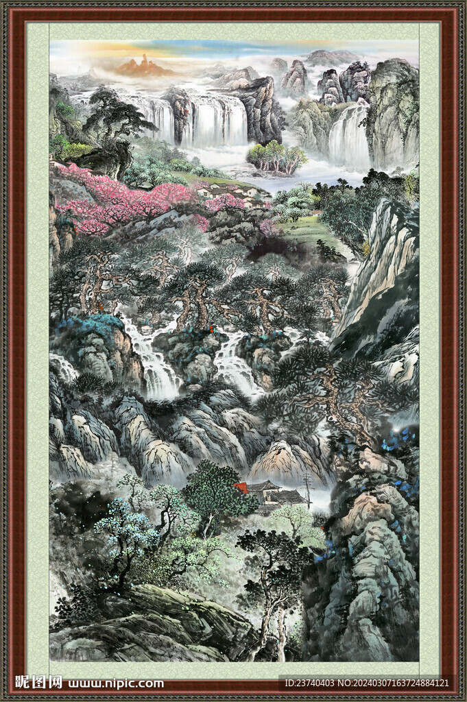 瀑布山水画 