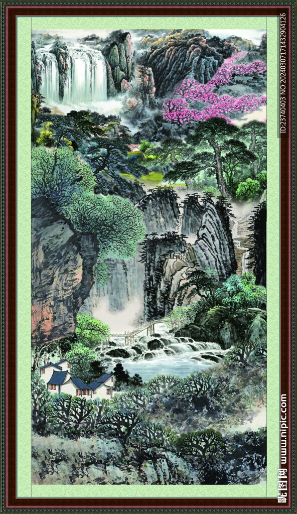 瀑布山水画 