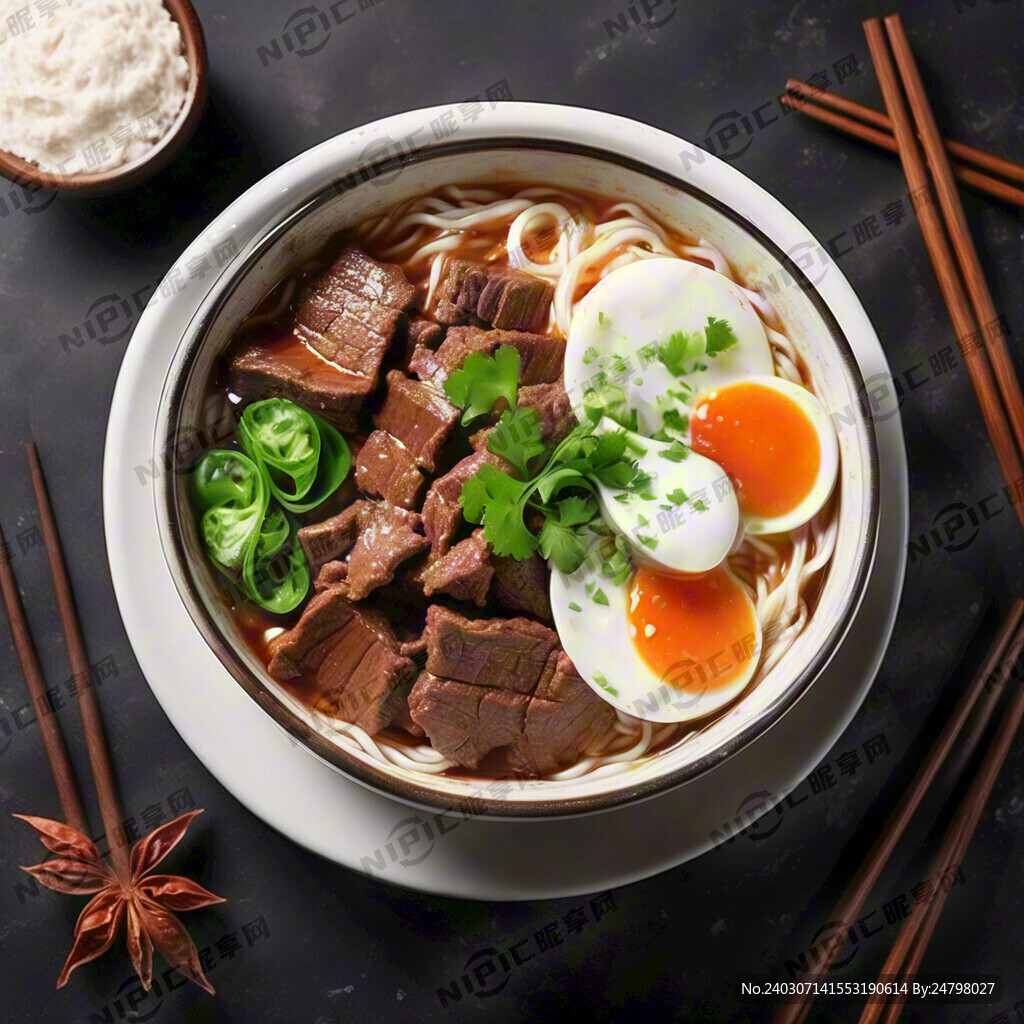 大碗大片牛肉碱面 俯视拍摄照片