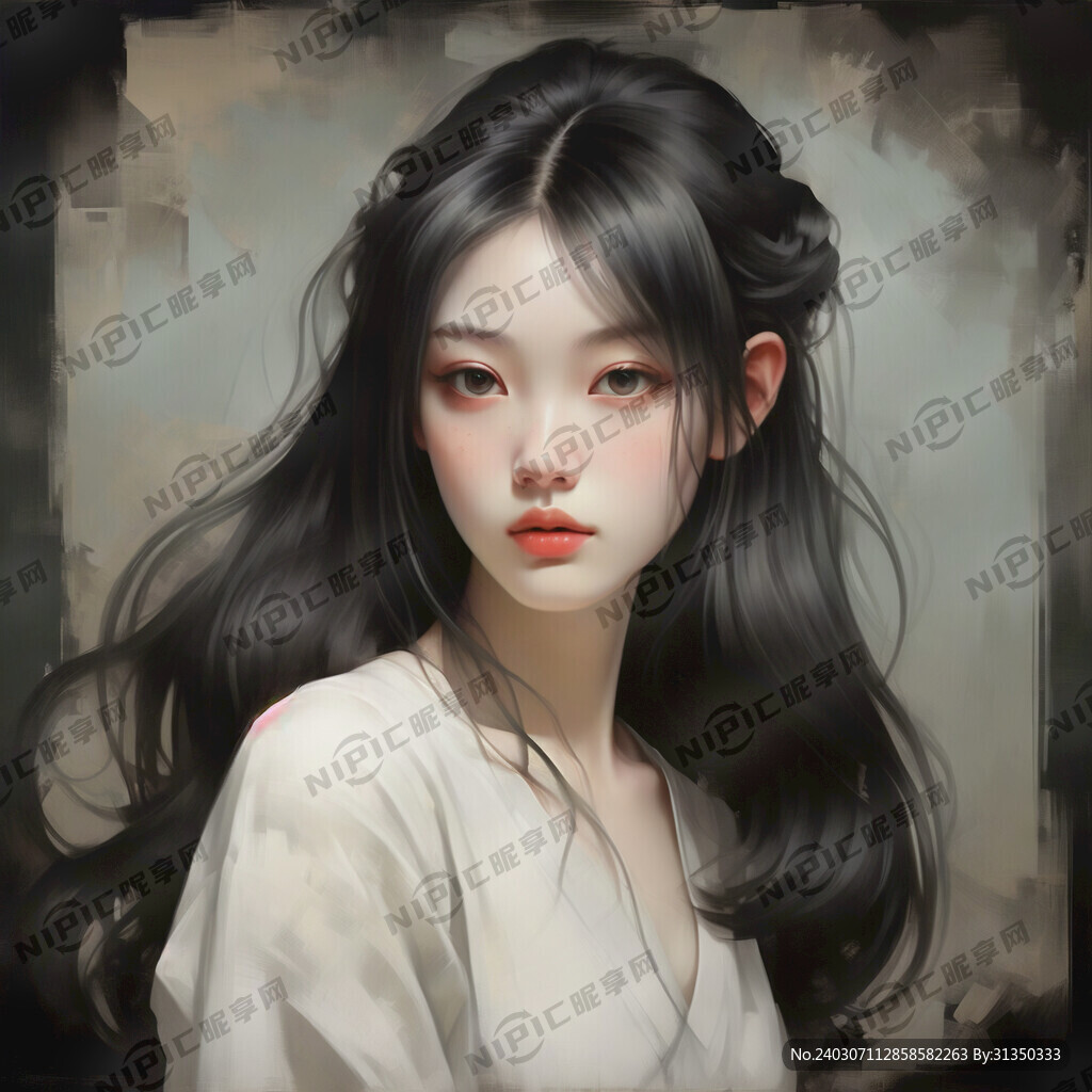 一个现代插画女生 中长黑色头发