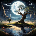 夜晚星空，一棵大树，河流，草地，精灵仙女冥想，梦幻