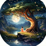 夜晚繁星，一棵枝繁叶茂的大树，河流弯弯，草地，一位仙女在打坐，梦幻