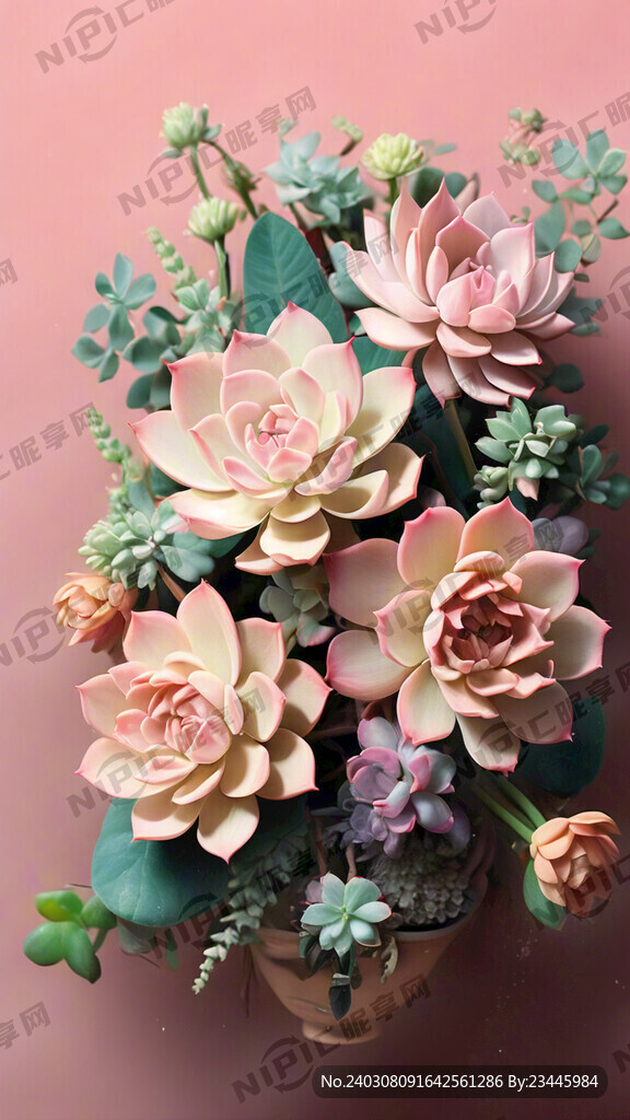 粉色的多肉花束 海报风格