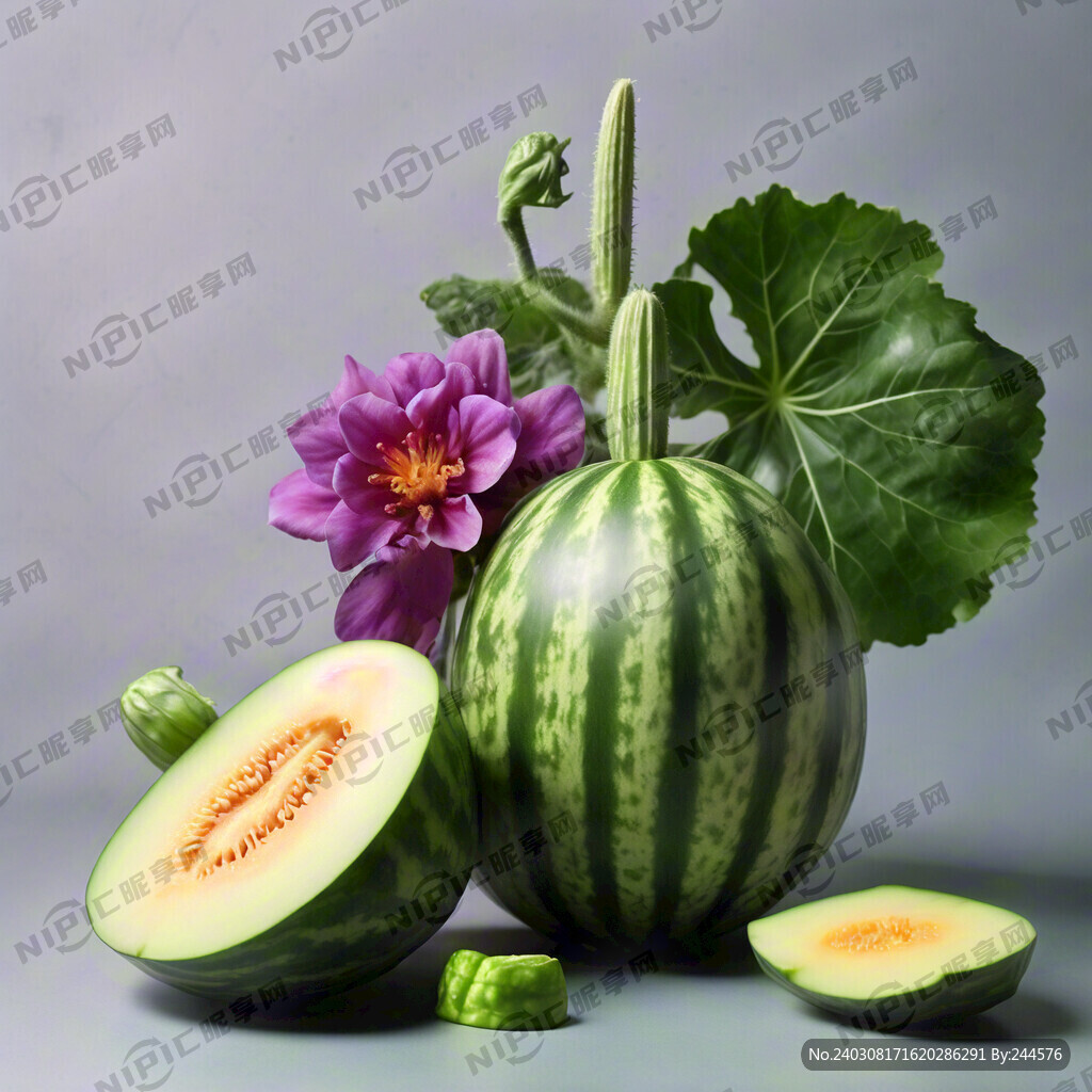 甜瓜和黄瓜有叶子和花朵组合图片