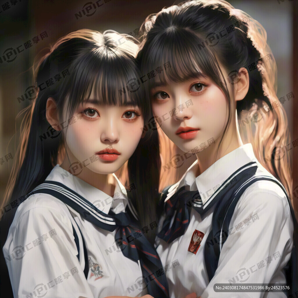 两个身穿校服的双马尾漂亮女生抱