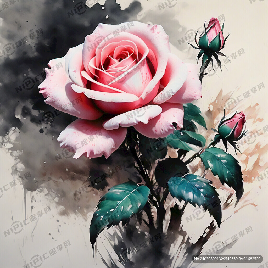 一朵粉玫瑰 水墨 泼墨 满屏