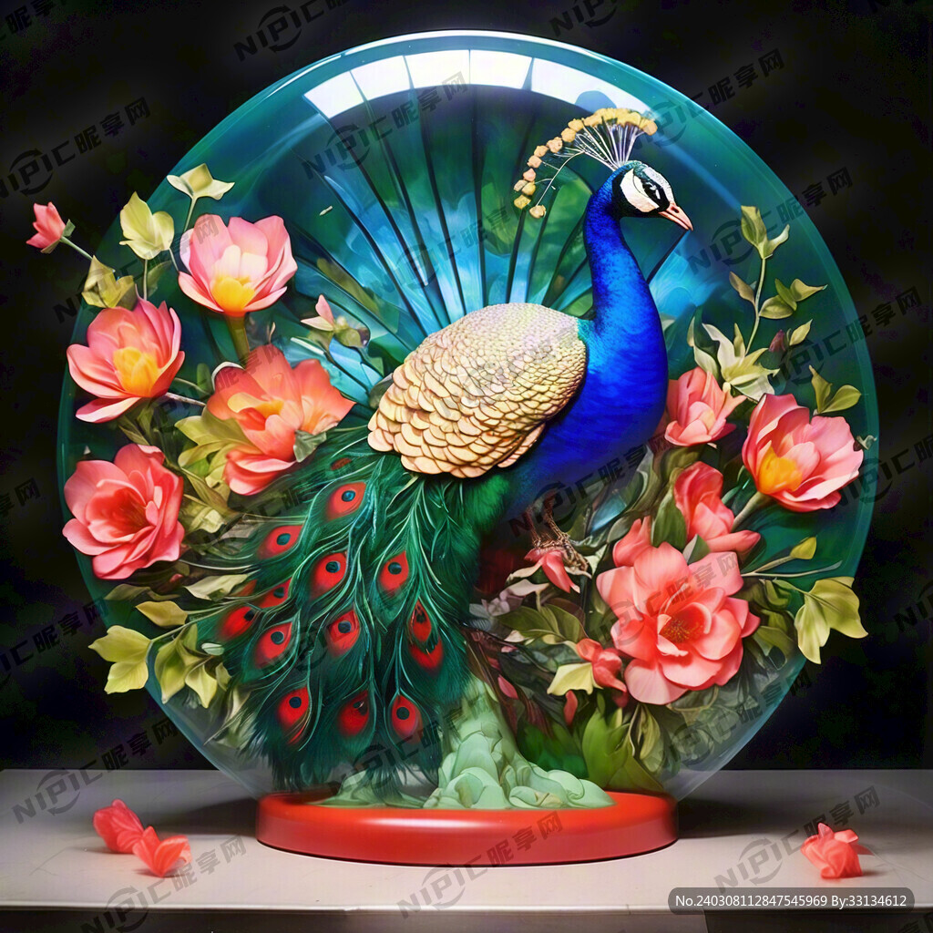 彩玻玻璃挂牌孔雀开屏在春天花园