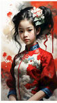 旗袍，一个12岁的女孩，穿着红色的中国传统旗袍服装，摆好姿势站着，背景云中有一条红色的中国龙，坐在春节的喜庆背景中。作品由一位现代艺术家创作，细节丰富，色彩鲜艳。