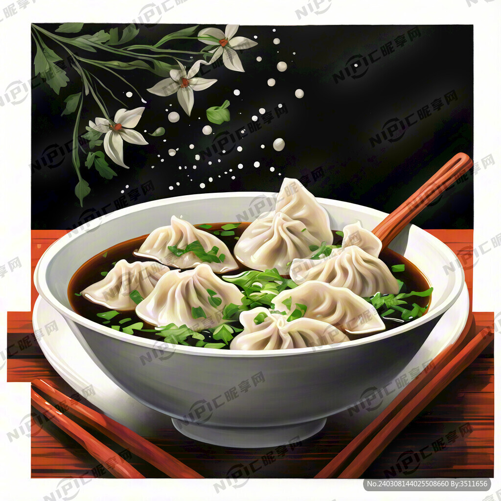 饺子汤插画  白色碗 白底