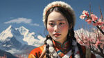 藏元素妇女节，雪山，藏装，春天，桃花，藏族民房