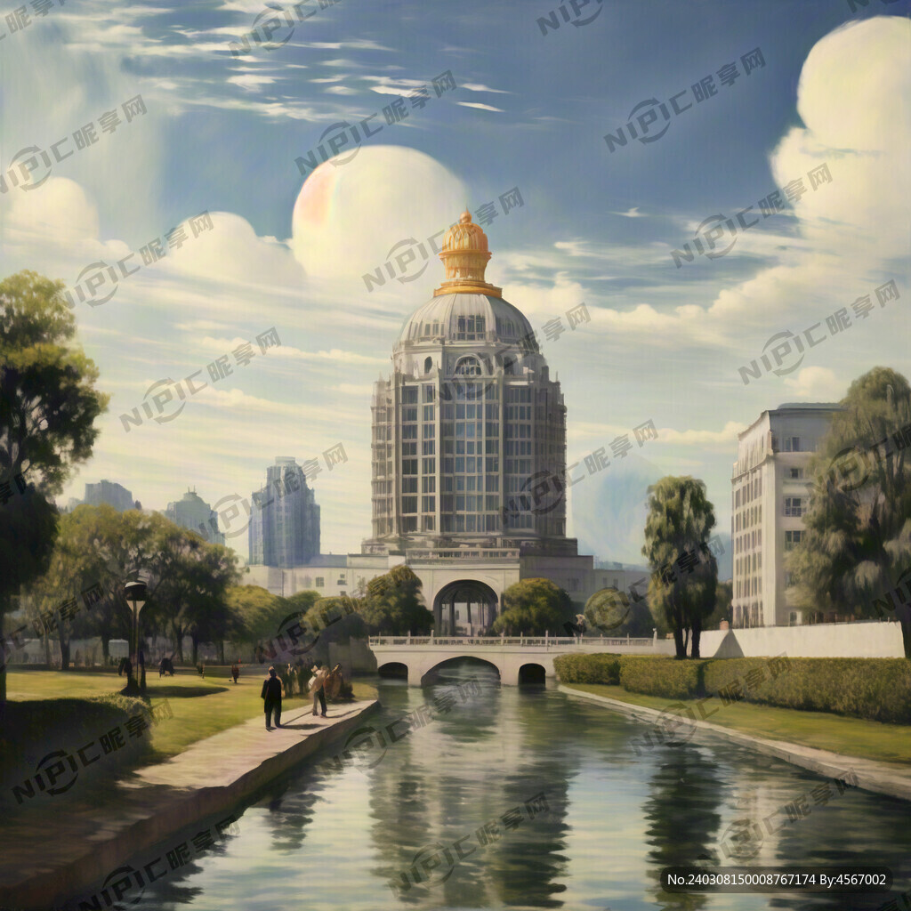 莫奈风 国潮背景 宜兴地标建筑