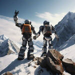 两个人工智能机器人登顶雪山单手指向天上的背影