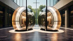 大楼中庭两台圆形玻璃观光电梯，正面平视角度，中庭地砖为咖色石材，现代风格