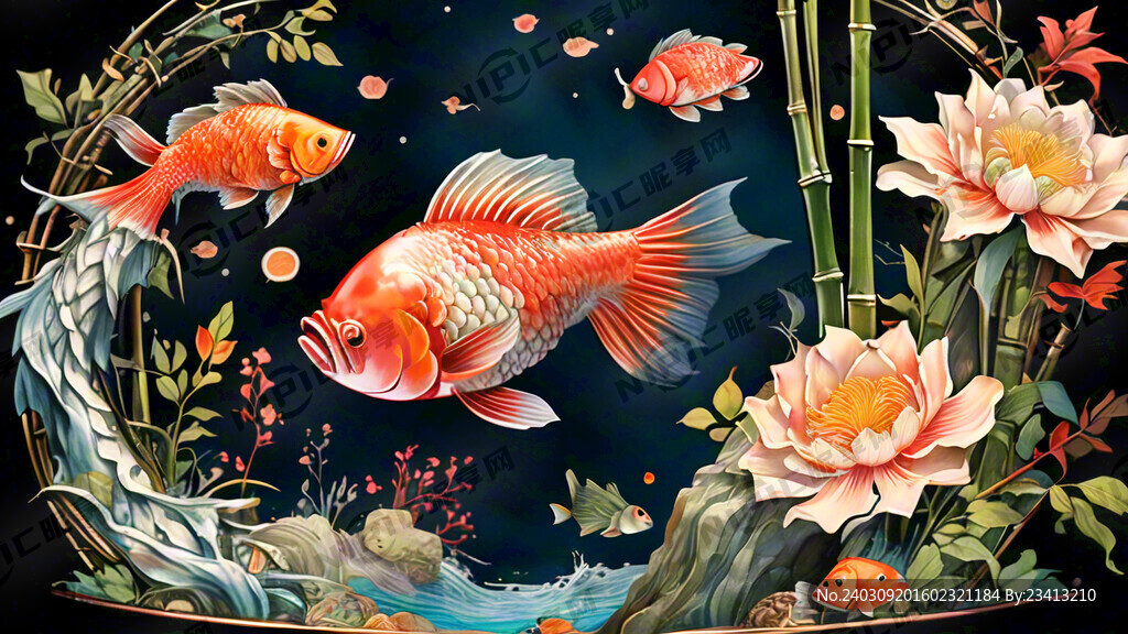 百福图 花 竹 锦鱼 水